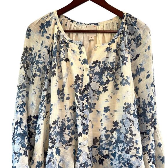 Anthropologie Maeve Long-Sleeve V-Neck Mini Swing Dress Blue Floral Medium New - Picture 5 of 10